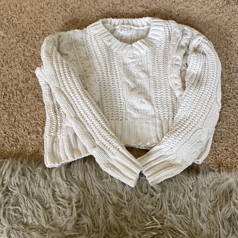 Super soft white sweater, patterned, size small, brand is Proof Apparel.